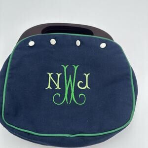 Vintage Navy Wood Crescent Top Handle Bag Green Trim “NWJ” Initials